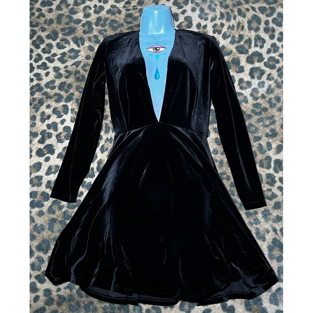 American Apparel Dress Women Size Medium Velvet Skater Long Sleeve V Neck Y2K